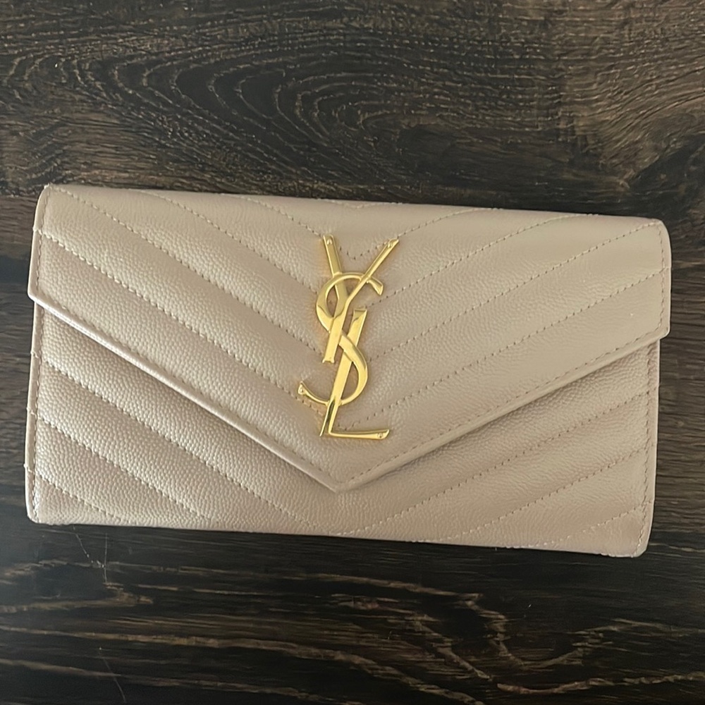Ives Saint Laurent Beige Leather Fold Wallet